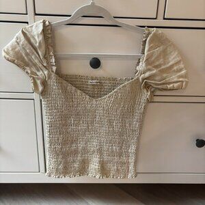 Reformation tan shirred puff short sleeve top XS
